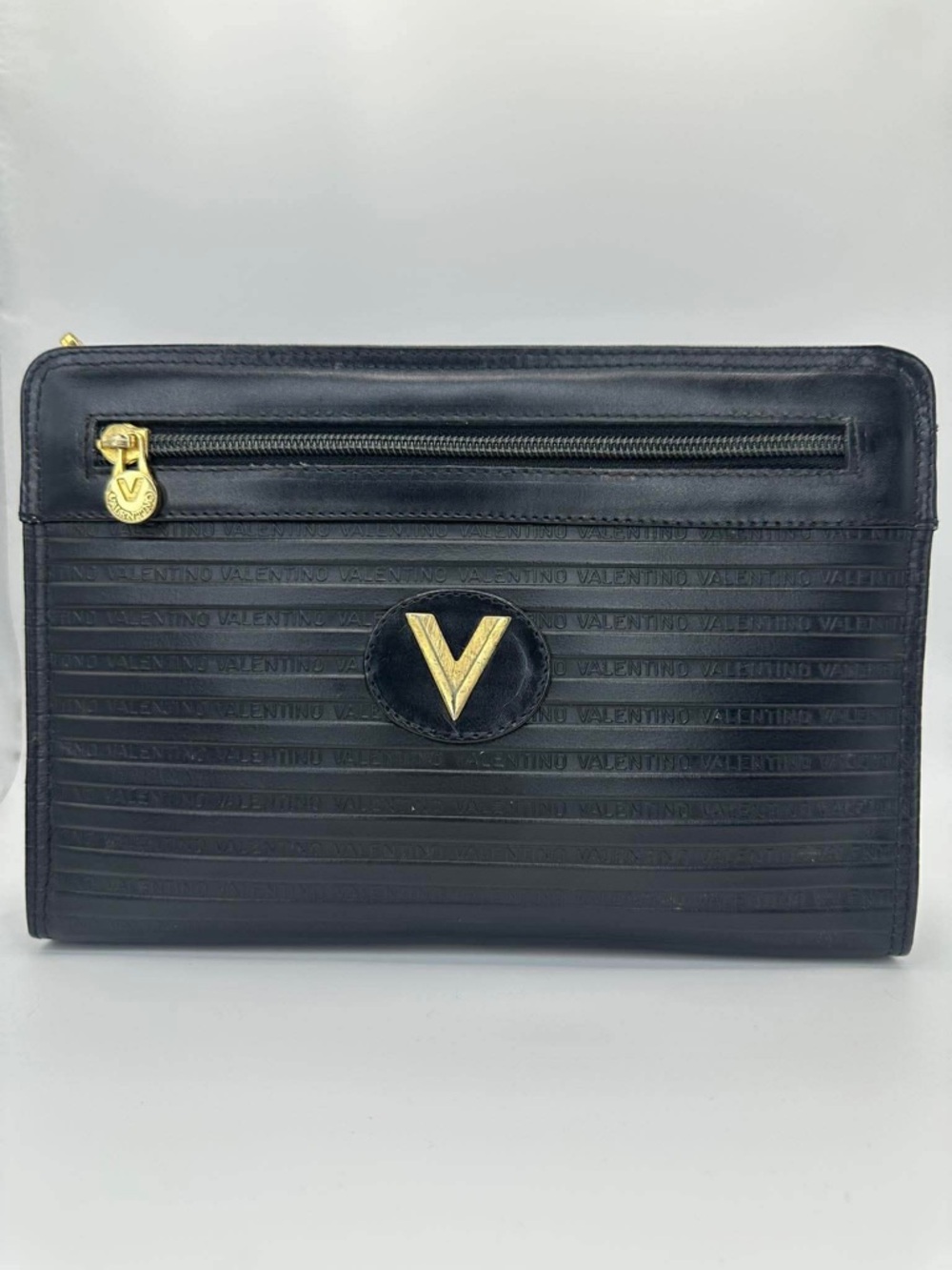 Valentino Black Leather Clutch with Gold V Emblem